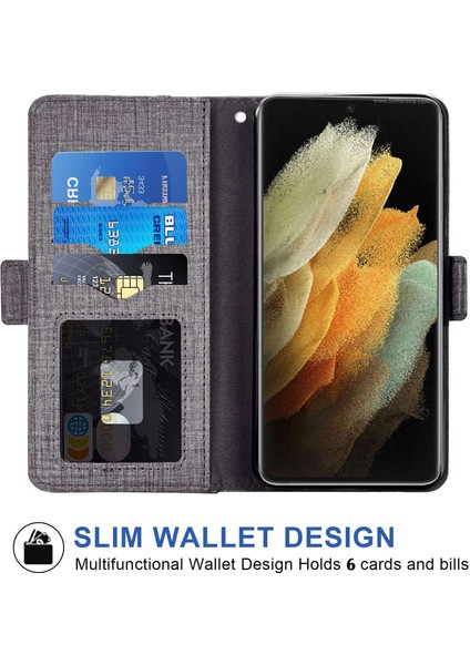 Samsung Galaxy S21 Ultra 5g Stand Cüzdan Jean Kumaş Doku Pu Deri Kılıf Dönen Kart Yuvası Anti-Drop Telefon Kapak-Grey (Yurt Dışından)