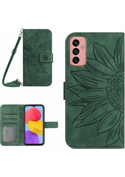 Samsung Galaxy M13 4g Için Manyetik Tokalı Telefon Kılıfı, HT04 Cilt Dostu Baskılı Ayçiçeği Pu Deri Cüzdan Stand Koruyucu Kapak Omuz Askısı-Dark Yeşil (Yurt Dışından)