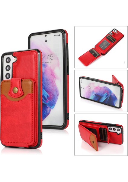 Samsung Galaxy S21+ 5g Damla Dirençli Pu Deri Kaplamalı Tpu Kapak Kickstand Telefon Kılıfı Dikey Flip Kart Pocket-Red (Yurt Dışından)