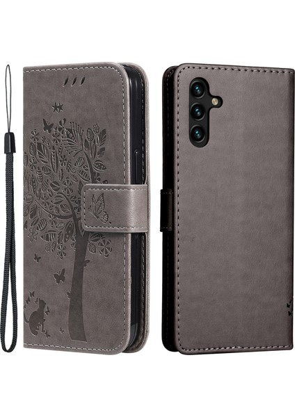 Samsung Galaxy A34 Için 5g Manyetik Pu Deri Flip Telefon Kapağı Baskılı Kedi Ağacı Desen Cüzdan Stand Kapağı Strap-Grey (Yurt Dışından)