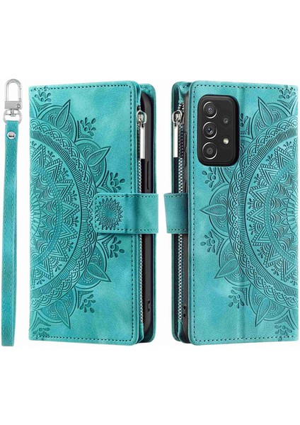 Samsung Galaxy A23 4g/5g (Global VERSIYON)/M13 4G/F23 5G/M23 5g Pu Deri Telefon Kabuğu, Mandala Çiçek Baskılı Kapak Standı Çoklu Kart Yuvası Fermuar Cep Cüzdanı Case Yeşili (Yurt Dışından)