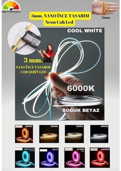 3mm. Nano Ince Cob Şerit LED - 4000K
