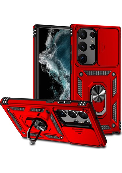 Samsung Galaxy S23 Ultra Için Geri Kılıf, Slayt Kamera Koruyucu Tasarım Anti-Drop Pc+Tpu Koruyucu Telefon Kapağı Metal Ring Kickstand-Red ile (Yurt Dışından)