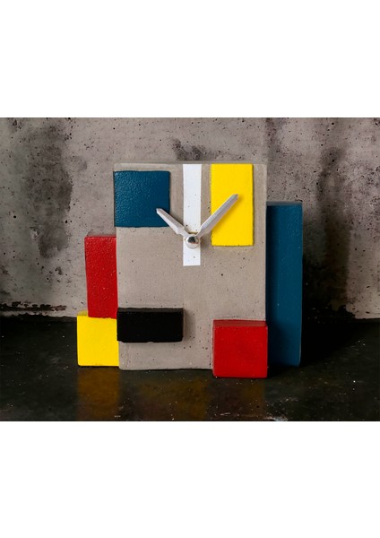Mondrian Temalı Kübik Beton Masa Saati