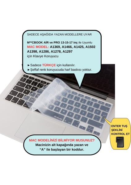 Klavye Koruyucu Macbook Klavye Air Pro (Türkçe Q) (Eski USB'li Model 2008/2017) ile Uyumlu