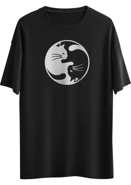 Ying Yang Cat Tasarım Dijital Baskılı Regular Relax T-Shirt