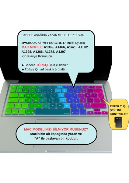 Macbook Klavye (Türkçe Q) Air Pro Koruyucu (Eski USB'li Model 2008-2017) A1466 A1502 Uyumlu Dazzle