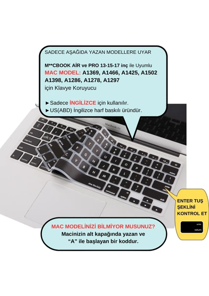 Macbook Klavye Air Pro Koruyucu (US-ABD İngilizce) (Eski USB'li Model 2008/2017) ile Uyumlu