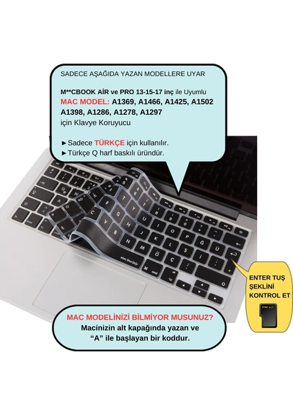 Klavye Koruyucu Macbook Klavye Air Pro (Türkçe Q) (Eski USB'li Model 2008/2017) ile Uyumlu