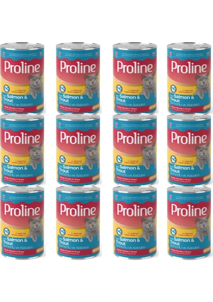 Pro Line Proline Somonlu ve Alabalıklı Sos Içinde Et Parçacıklı Yetişkin Kedi Konserve x 12 Adet