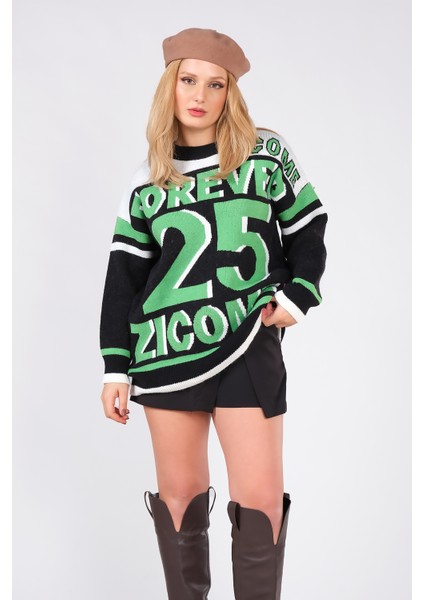 Kadın Forever Yazılı Oversize Triko Kazak Siyah
