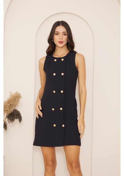 Lacivert Kolsuz Önü Düğmeli Tweed Elbise DM1010