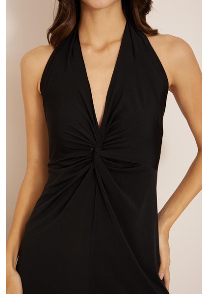 Siyah Yırtmaçlı Önü Düğüm Detaylı Maxi Boy Elbise DM1033 fırsatları