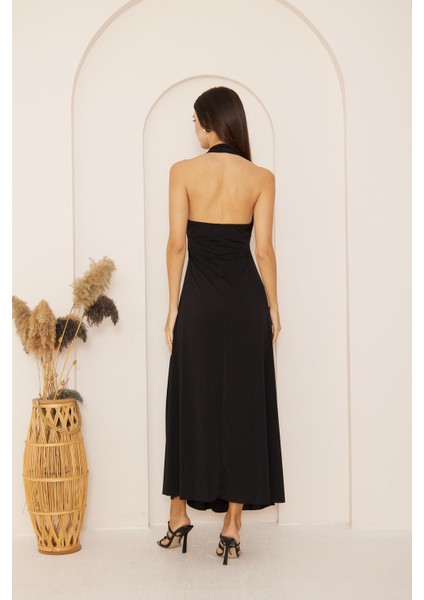 Siyah Yırtmaçlı Önü Düğüm Detaylı Maxi Boy Elbise DM1033 indirimleri