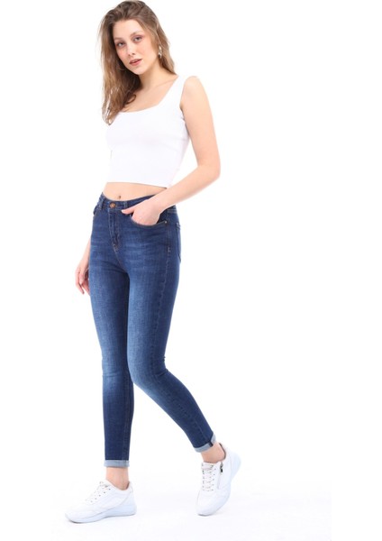 Cedy Denim Kadın Hafif Likralı Skinny Fit Paça Detaylı Pantolon Viola Lacivert