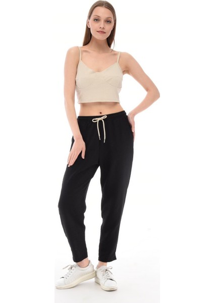 Kadın Sentetik Keten Yüksek Bel Lastikli Dar Paça Mom Pantolon C611 modelleri