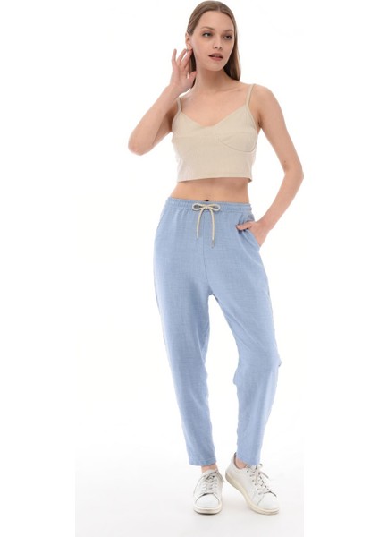 Kadın Sentetik Keten Yüksek Bel Lastikli Dar Paça Mom Pantolon C611 modelleri