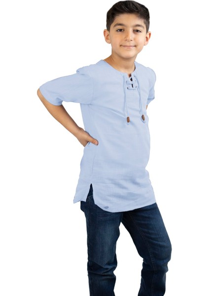 Kısa Kol Şile Bezi Zımbalı Erkek Çocuk T-Shirt Buz Mavi