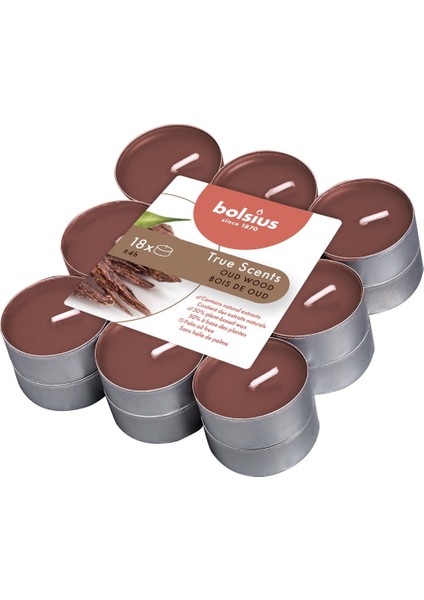 Kokulu Tealight Mum, Ud Ağacı Kokulu, Kahve Renkli, 18'li Paket, 4 Saatlik Uzun Yan ma Süresi - Ev Mumu - İç Dekorasyon - Doğal Özler - Doğal Vegan Balmumu İçerir - Palmiye Yağı İçermez