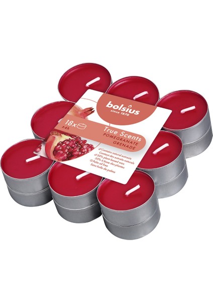 Nar Kokulu, Kırmızı Renkli 4 Saat Yan Ma Süreli Tea Light Mum (18'li Paket)