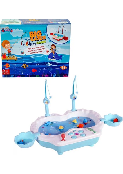 Müzikli, Havuzda Balık Yakalama Oyunu, 8 Balık ve 2 Oltalı - Big Catch Fishing Game,mavi