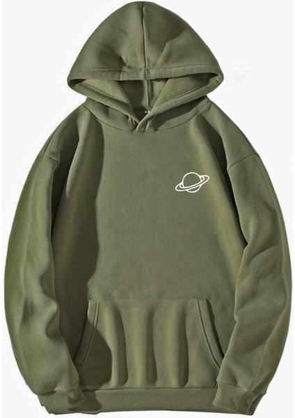 Kadın Satürn Baskılı Haki Oversize Kapüşonlu Sweatshirt