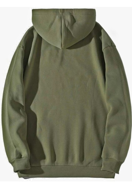 Kadın Satürn Baskılı Haki Oversize Kapüşonlu Sweatshirt