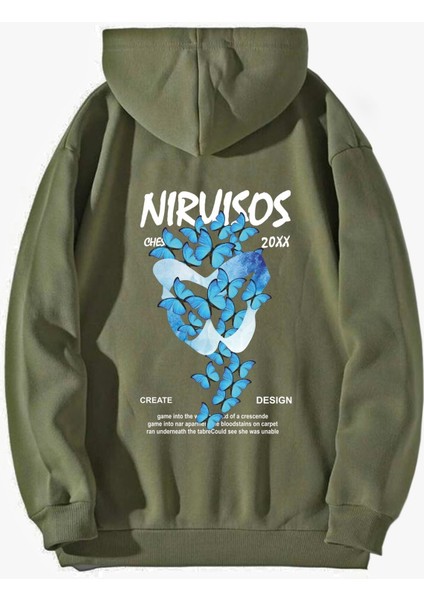 Kadın Niruisos Arka Baskılı Haki Oversize Kapüşonlu Sweatshirt