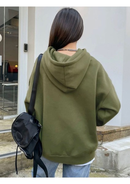 Unisex Haki Better Here Go Baskılı Oversize Üc Ip Hoodie