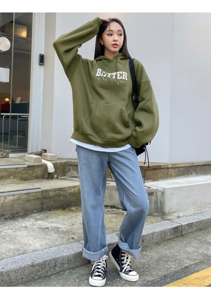Unisex Haki Better Here Go Baskılı Oversize Üc Ip Hoodie