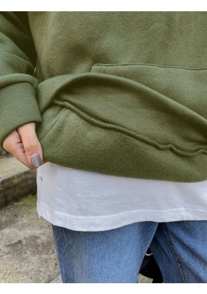 Unisex Haki Better Here Go Baskılı Oversize Üc Ip Hoodie