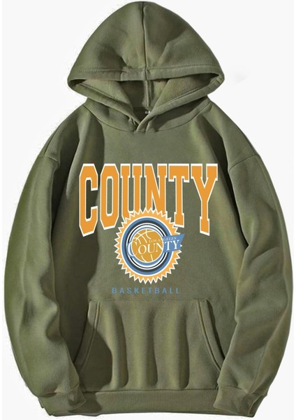 Kadın County Baskılı Haki Oversize Kapüşonlu Sweatshirt