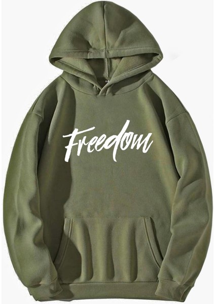 Kadın Freedom Baskılı Haki Oversize Kapüşonlu Sweatshirt