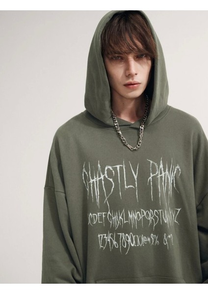 Kadın Haki Shastly Baskılı Üç Iplik Polar Hoodie
