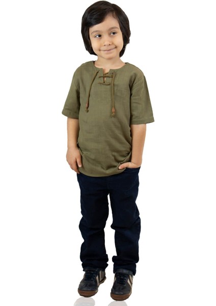 Kısa Kol Şile Bezi Zımbalı Erkek Çocuk T-Shirt Haki