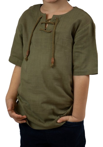Kısa Kol Şile Bezi Zımbalı Erkek Çocuk T-Shirt Haki