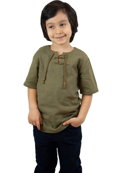 Kısa Kol Şile Bezi Zımbalı Erkek Çocuk T-Shirt Haki