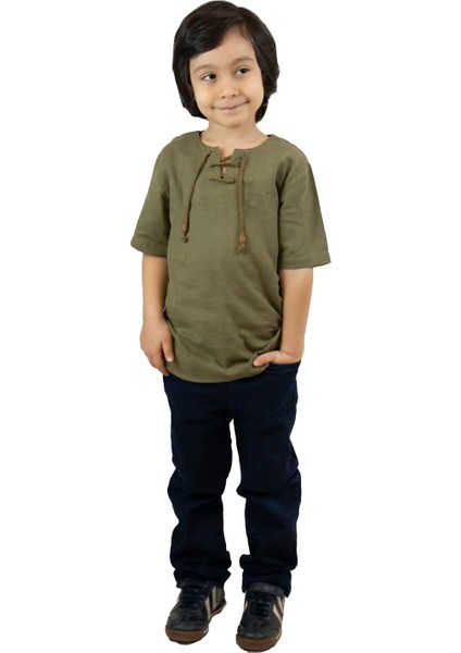 Kısa Kol Şile Bezi Zımbalı Erkek Çocuk T-Shirt Haki