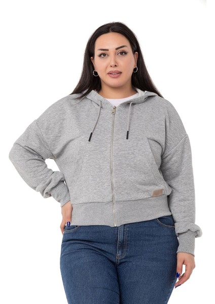 Büyük Beden Kanguru Cepli Kapüşonlu Üç Iplik Gri Melanj Sweatshirt