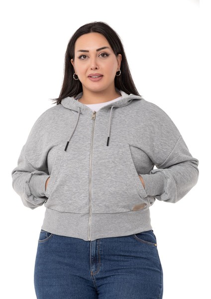 Büyük Beden Kanguru Cepli Kapüşonlu Üç Iplik Gri Melanj Sweatshirt