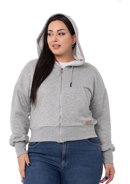 Büyük Beden Kanguru Cepli Kapüşonlu Üç Iplik Gri Melanj Sweatshirt