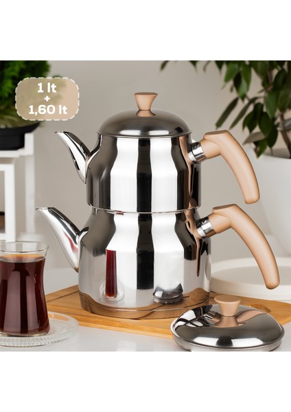 Belinda Y-2021 Orta Boy Paslanmaz Çelik Indüksiyon Taban Soft Kulp Çaydanlık Takımı 1,0+1,6 Lt