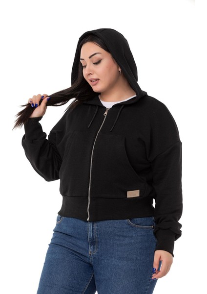 Büyük Beden Kanguru Cepli Kapüşonlu Üç Iplik Siyah Sweatshirt fırsatları