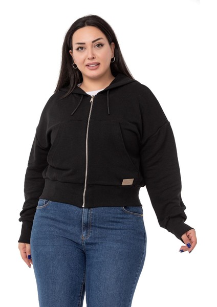 Büyük Beden Kanguru Cepli Kapüşonlu Üç Iplik Siyah Sweatshirt indirimleri