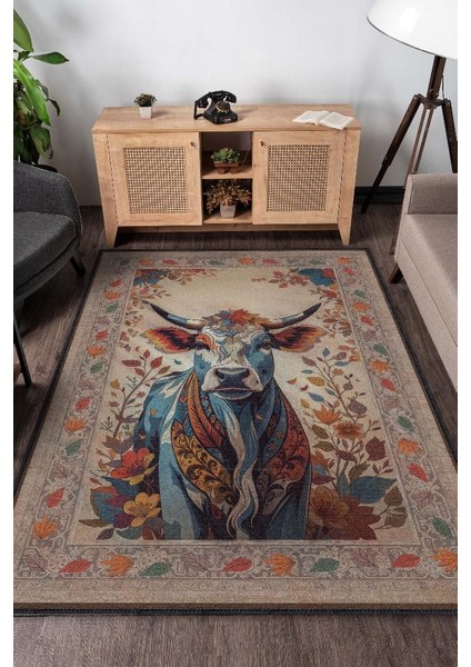Nuh'un Gemisi Koleksiyonu Inek Çiçek Desenli Temalı Vintage Renkli Maksimalist Halı