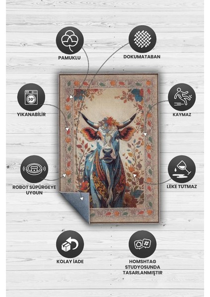 Nuh'un Gemisi Koleksiyonu Inek Çiçek Desenli Temalı Vintage Renkli Maksimalist Halı fırsatları