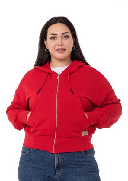 Büyük Beden Kanguru Cepli Kapüşonlu Üç Iplik Kırmızı Sweatshirt