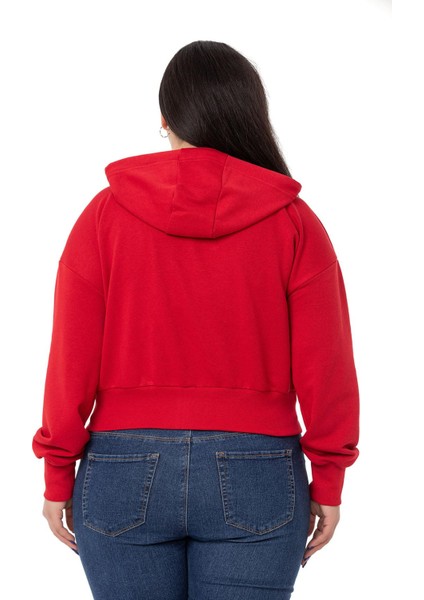 Büyük Beden Kanguru Cepli Kapüşonlu Üç Iplik Kırmızı Sweatshirt modelleri
