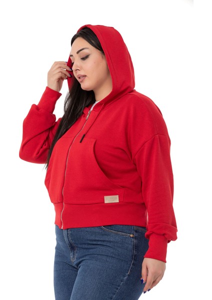 Büyük Beden Kanguru Cepli Kapüşonlu Üç Iplik Kırmızı Sweatshirt fırsatları