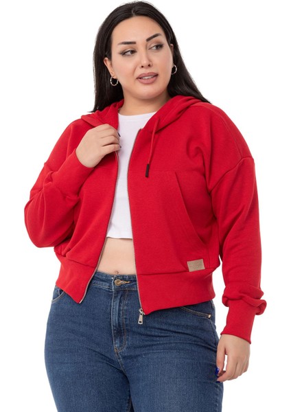 Büyük Beden Kanguru Cepli Kapüşonlu Üç Iplik Kırmızı Sweatshirt indirimleri